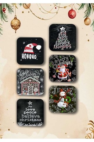 Mutlu Yıllar - Yılbaşı - Yeni Yıl - Merry Christmas Temalı Ahşap Bardak Altlığı Seti 6 Adet Ahşap