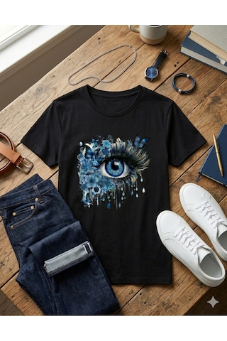 Kadın Beyaz , Siyah Pamuklu Mavi Çiçekler Kelebek Detaylı Göz Baskılı Rahat Kalıp T-shirt Siyah