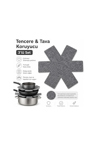 Tencere Tava Koruyucu Keçe Ayırıcı 3 Lü Set Çizilmeyi Önlemeye Yardımcı Gri Koruyucu Ped