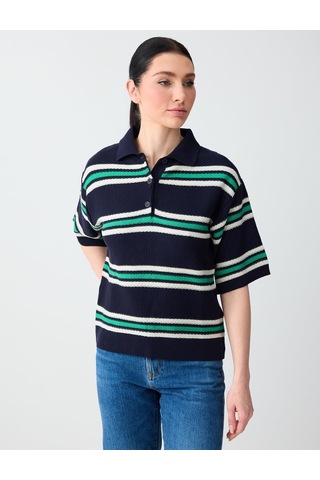 Jimmy Key Jimmy Key Lacivert Polo Yaka Kısa Kollu Çizgili Triko Bluz 6sw035688494
