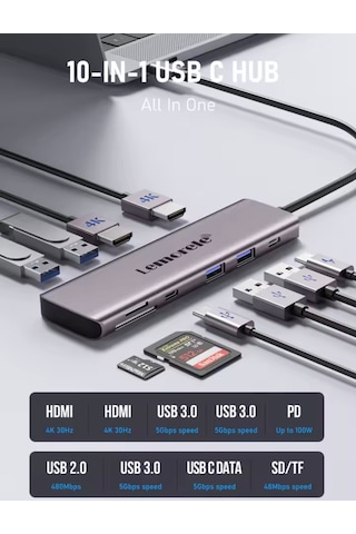 Lemorele 10'un 1'i Çoğaltıcı Hub Usb 3.0/hdmı/100w/type-c/sd/tf