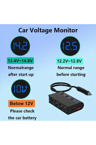 Xuweiwei Lessmore Siyah 4 Portlu Voltaj Göstergeli 12 24v Araç Şarj Cihazı Hızlı Şarj 1den 3e Adaptör Led Ekran Kompakt Tasarım