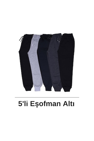 Erkek Çocuk 5'li Beli Lastikli Düz Eşofman Altı Siyah