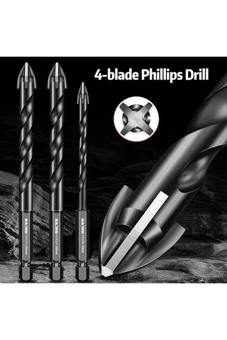 Yaleker 4'lü Çelik Çivi Seti: Cam, Seramik, Tuğla Delme İçin 6-8-10-12mm, Dört Kesici Uç, Titanyum Kaplama, Hızlı Montaj Uçlu