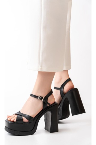 Asmi Shoes Kadın Çapraz Bantlı 12 Cm Platformlu Topuklu Ayakkabbı Siyah Siyah