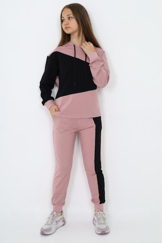 Kız Çocuk %100 Pamuk Garnili Kapüşonlu Uzun Kol Alt&üst Eşofman Takım-eşt-0018 Pudra