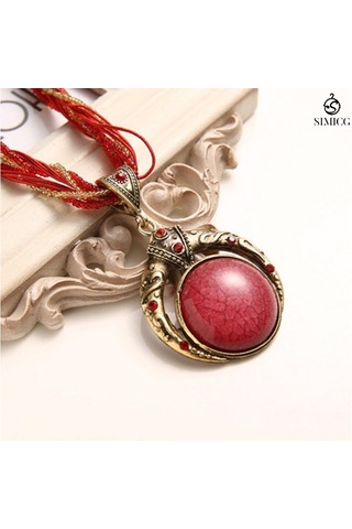 El Dokuması Bohem Pirinç Boncuklu Retro Etnik Tarzda Yuvarlak Değerli Taş Kolye Kırmızı
