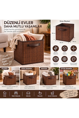 Bambu Hasır Sepet 30x30x30 Cm Kare Dekoratif Düzenleyici Saklama Sepeti Kahverengi