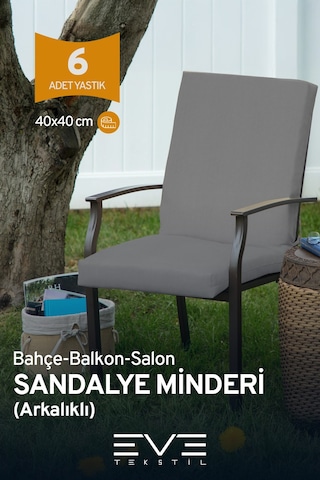 Eve Tekstil Bahçe - Salon - Balkon Arkalıklı Fermuarlı Bağlanabilir Yıkanabilir Sandalye Minderi 6 Adet Gri