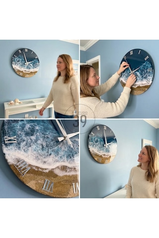 Okyanus Koleksiyonu Atlantic El Yapımı Epoksi Duvar Saati 40 Cm, Gümüş Roma Rakamlı, Sessiz Mekanizma Okyanus