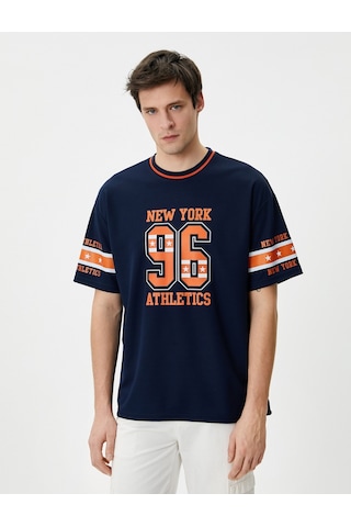 Koton Tişört Spor Baskılı Renk Bloklu Bisiklet Yaka Lacivertvert 4Sam10137Hk Lacivert