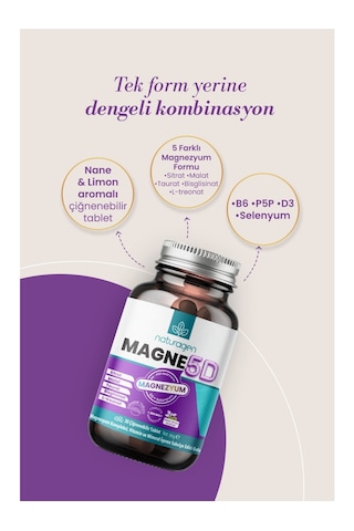 Naturagen Magne 5d Magnezyum Kompleksi 200mg 30 Çiğnenebilir Tablet P5p, D3, Selenyum Nane & Limon Aromalı