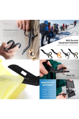 Taktik Süper Kesici Medikal Outdoor Askeri Av Tipi Karabinalı Makas Siyah Mw247