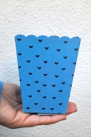 8'li Mavi Kalpli Mısır Kutusu - Popcorn Kutusu - Doğum Günü İkram Hediye - Orta Boy Standart