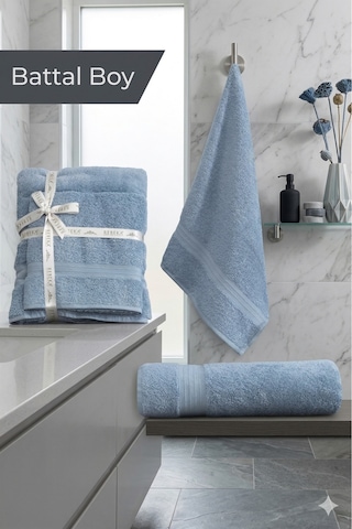2 Li Battal Boy Banyo Havlu Seti - 100% Pamuk 90x170 Cm + 50x90 Cm Ekstra Yumuşak Emici Havlu İndigo