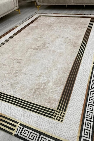 Modern Desenlerde Kadife Dokulu Lastikli Kaymaz Sünger Tabanlı Halı Örtüsü Beej Kahve 300 400 Bej