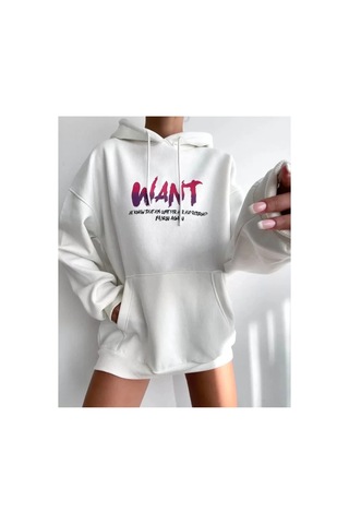 Butik İstanbul Baskılı Üç İplik Kapüşonlu Oversize Sweatshirt - Beyaz