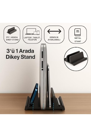 3 Bölmeli Metal Genişlik Ayarlamalı Masaüstü Dikey Macbook Laptop Notebook Standı Telefon Tablet Standı