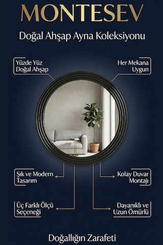 Zümrüt Ahşap Siyah Yuvarlak Ayna Işlemeli Duvar Banyo Aynası 43cm Siyah