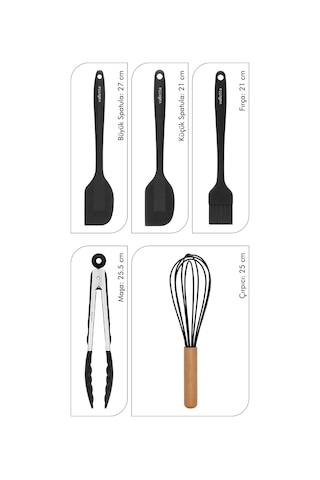 Valletta Fugazi Isıya Dayanıklı Silikon Spatula Seti 5 Parça Siyah