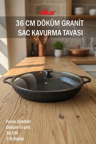 36 Cm Büyük Boy Döküm Granit Fırına Girebilir Kapaklı Sac Kavurma Tavası Siyah