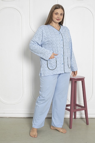 %100 Pamuklu Uzun Kollu Boydan Düğmeli Büyük Beden Kadın Pijama Takımı 206 Mavi