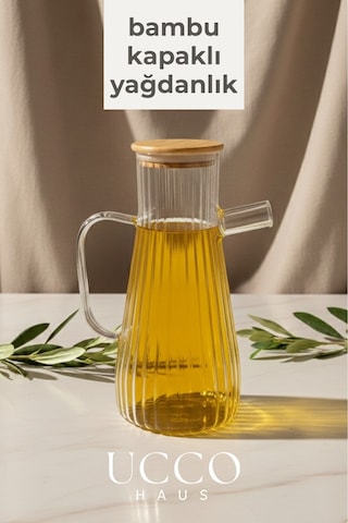900 Ml Bambu Kapaklı Vakumlu Borosilikat Cam Yağlık Sirkelik Sürahi Yağdanlık Krem