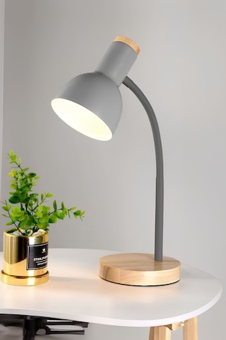 Usb Led Masa Lambası Gri Ahşap Tabanlı Modern Dekoratif, Şık Esnek Boyunlu Ofis Ve Çalışma Lambası Gri