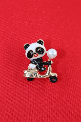 Bir Tutam Neşe Motorlu Yavru Panda Broş Taşlı İncili Gold Siyah Beyaz Pandalı Kadın Yaka İğnesi Siyah - Beyaz
