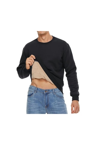 Ghassy Co. Erkek Ultra Termal Sherpa Peluş Astarlı Bisiklet Yaka Sweatshirt Siyah