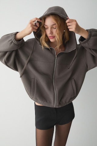 ETHIQUET VA IT Kadın Çift Cepli Eteği Ve Kol Ucu astikli Fermuarlı Oversize Gri Sweatshirt