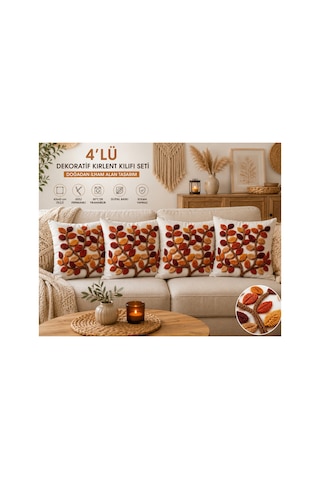 4 Lü Dekoratif Kırlent Kılıfı Seti 43x43 Cm Punch Görünümlü Yaprak Desenli, Dijital Baskılı, Gizli Fermuarlı Kırmızı Kırmızı