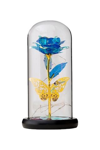 Folinda Mavi Renkli Plastik Sanal Gül, Işıklı Cam Kapağı Ve Kelebekli, Hediyelik, Aaa Pil Gerektirir Pil Dahil Değil