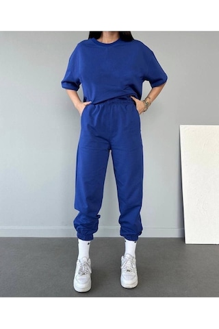 Basic T-shirt Eşofman Altı Jogger - Saks Mavi Düz Alt Üst Eşofman Takımı Oversize Bisiklet Yaka Saks Mavi