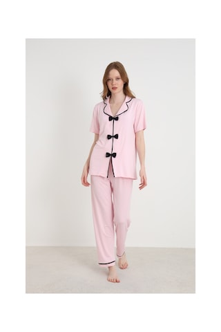 Elitol Bamboo Örme Papyonlu Kadın Pijama Takımı Pembe-4