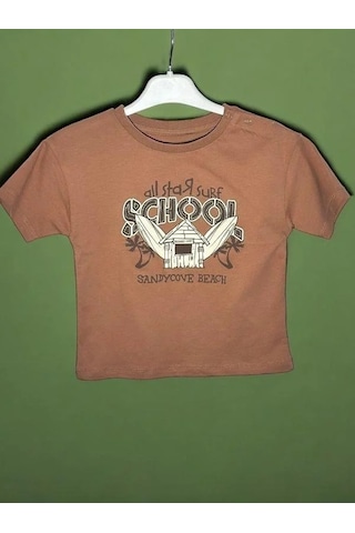 Çikoby Erkek Bebek School Yazılı Pamuklu T-shirt-15709 Kahverengi
