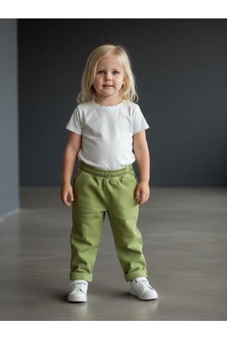 Zekids Kız Bebek Yumuşak Dokulu Beli Lastikli Duble Paça Yeşil Pantolon-16581 Yeşil
