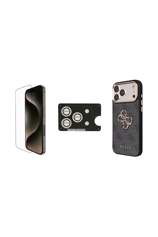 Apple Uyumlu iPhone 17 Pro Max Guess Lisanslı Büyük 4g Ve Yazı Logolu Kılıf Ekran Ve Lens Koruyucu 3in1 Set Siyah Siyah