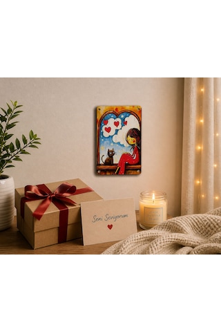 Upeka Kedi Ve Kız Şık Modern Tasarım Dekorasyon Metal Duvar Tablo 30cmx20cm