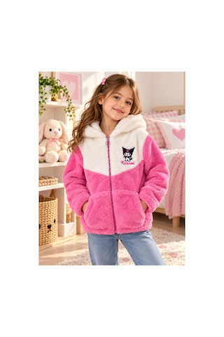 Uğur Bebe Kız Çocuk Peluş Hırka Kapüşonlu Cepli Yumuşacık Kışlık Pembe Krem Renk Hırka Kuromi Pembe Ekru Pembe Ekru