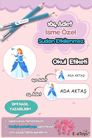 Prenses Temalı Özel İsminiz Yazılı Okul Etiketi Diğer