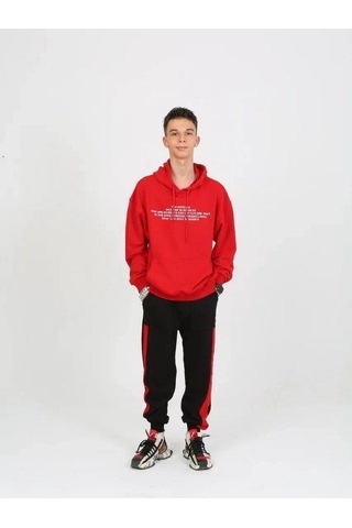 Erkek Çocuk Yazılı Kapüşonlu Sweatshirt-15238 Kırmızı