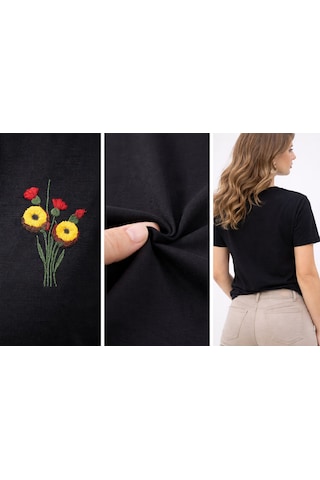 Yubistitch Tshirt Nakış İşlemeli 3d Çiçek-kalın- Siyah