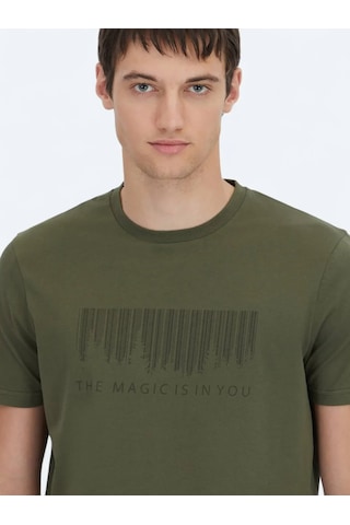 Kip Haki Baskılı Bisiklet Yaka %100 Pamuk T-shirt Haki