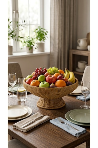31cm Ayaklı Sunumluk - Dekoratif Meyvelik Çerezlik - Rattan Kase Tabak Sepet - Ekstra Kaliteli Çelik Hasır 31 X 12