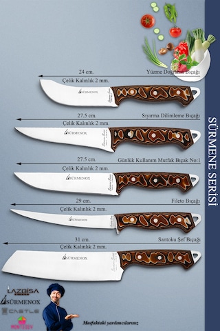 Sürmene Serisi Mutfak Şef Bıçak Seti Et Ekmek Sebze Salata Fileto Bıçağı 5 Li Set Kahve Mft-225 Kahverengi