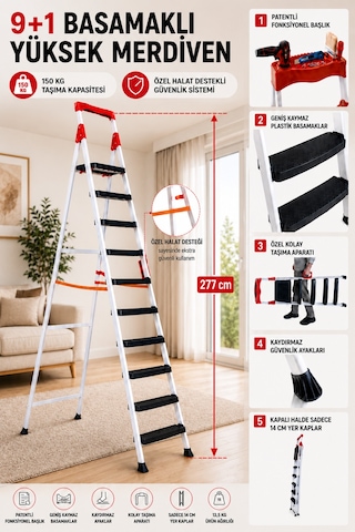 Ze Zigana Ev Gereçleri Elegance 9+1 Geniş Basamaklı Kolay Taşıma Aparatlı Merdiven
