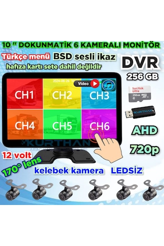 Ledsiz Kelebek Kamera 170'' Ahd 720p Rca 6 Kanallı 10 İnç Dokunmatik Usb Bsd Dvr Ekran 12 Volt