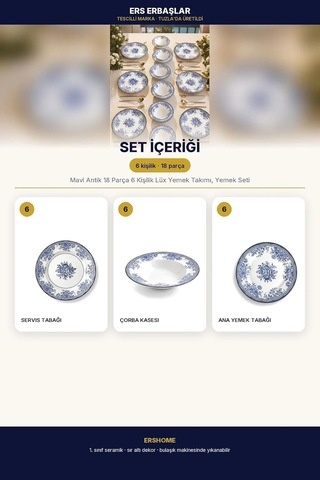 Mavi Antik 18 Parça 6 Kişilik Lüx Yemek Takımı, Yemek Seti Çok Renkli