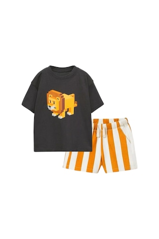Erkek Çocuk 2d Çizim Aslan Karakter Baskılı T-shirt Çizgili Şort 2 Parça Altüst Takım Kahverengi